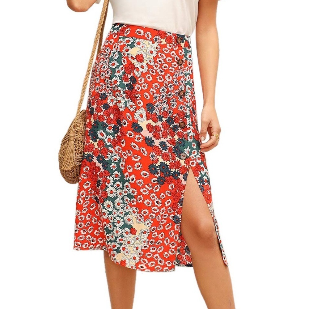 Boho Floral High Waist Split A Line Midi Skirt - Picture 1 of 10